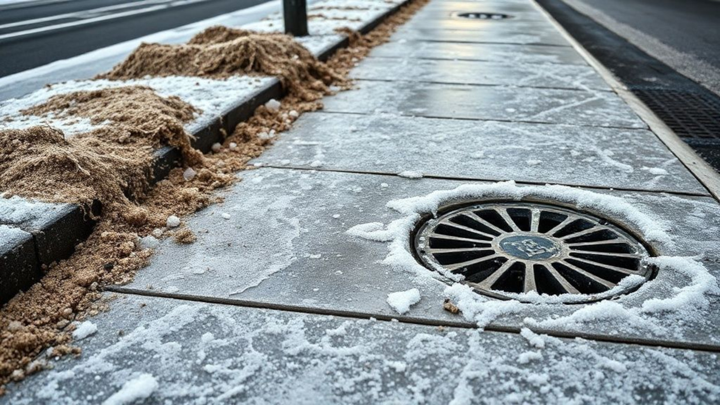 Последствия применения песко-соляной смеси - грязь и засоренные стоки.